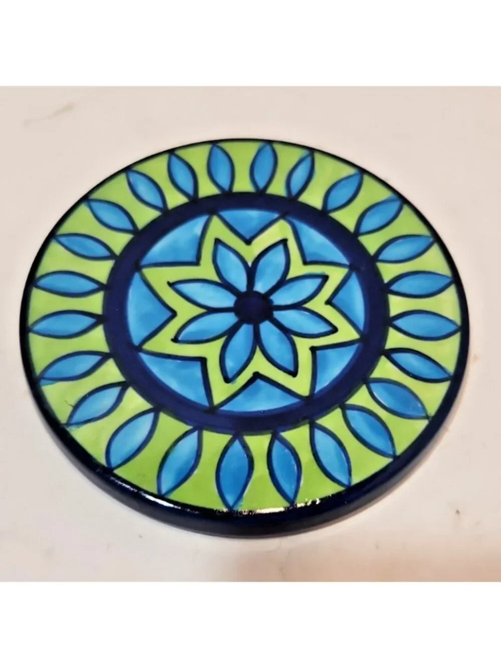 Vtg Pier One Ceramic Handpainted Talavera Style Coasters Blue And Green Set Of 4